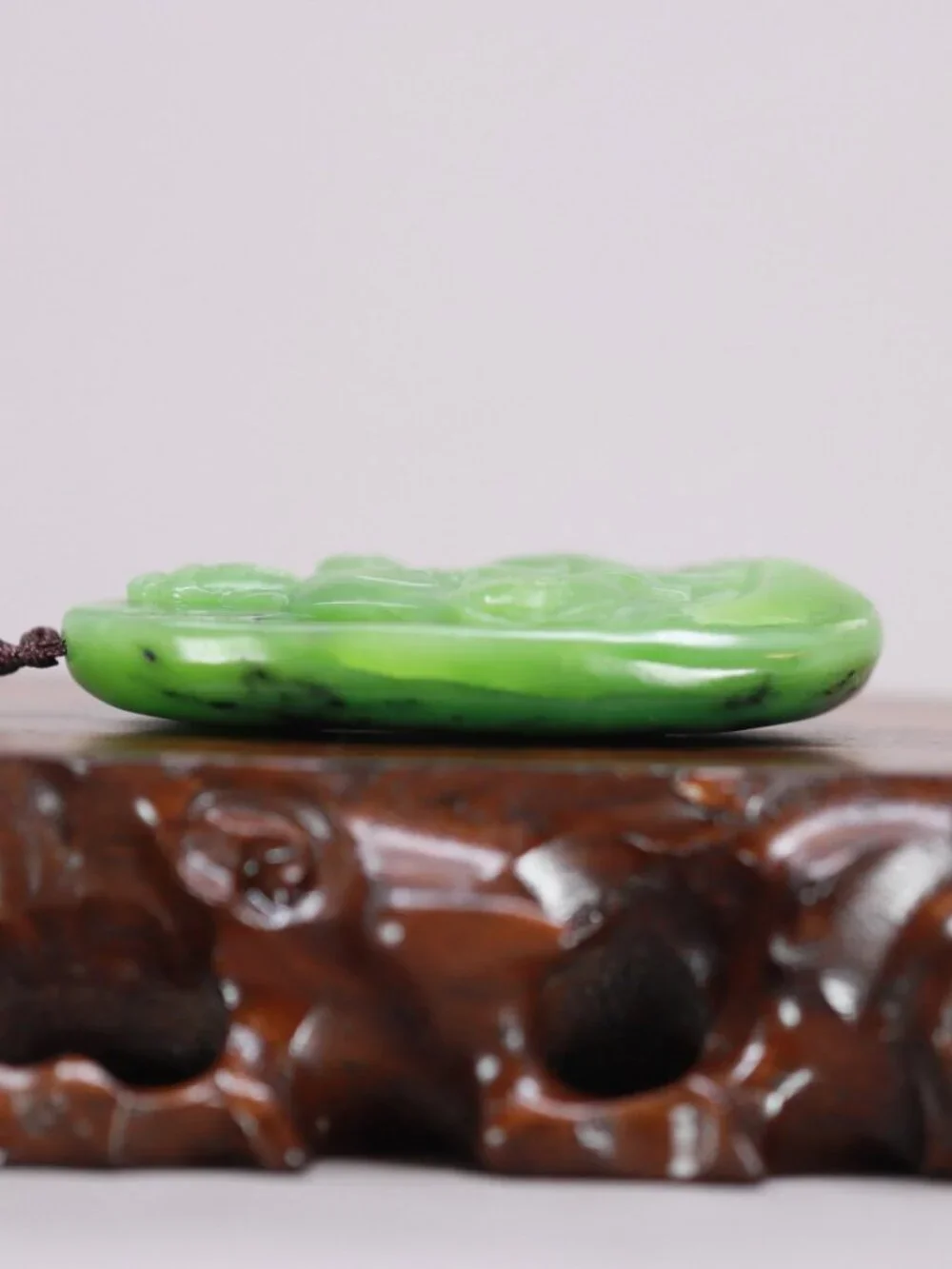 Chinese Green Hetian Jade Pendant w Guanyin & Ruyi